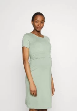 Short Sleeves Ruched Waist Mini Flared Dress - Jersey Dress - Light Green